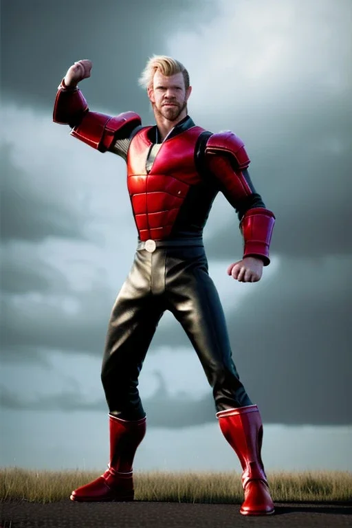 retro portrait image from 1960, sky background, wind, extra long blonde hair, fighting stance, young Chris Hemsworth, clean shave face, black dress, classic long tight lycra black suit, red cap, platinum lycra with scales on the arms, gold bracelet and belt, high boots, soft color, highly detailed, unreal engine 5, ray tracing, RTX, lumen lighting, ultra detail, volumetric lighting, 3d, finely drawn, high definition, high resolution.