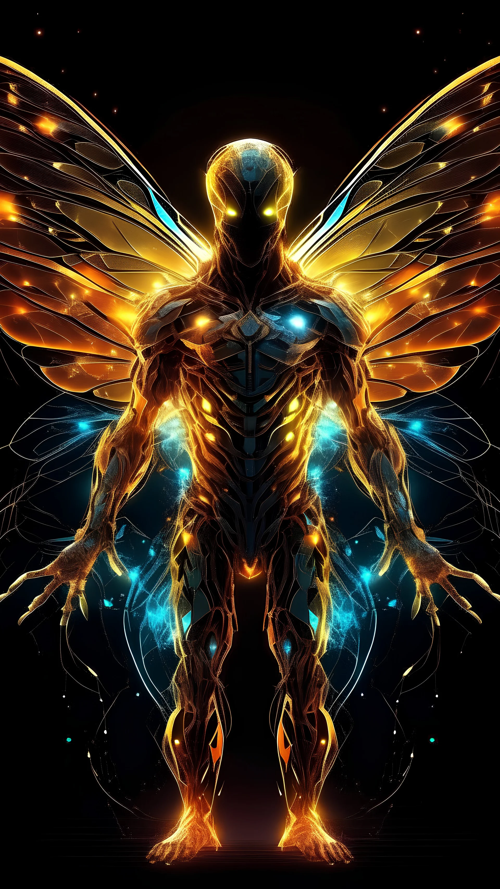 A man's entire body is shaped like a dragonfly, wearing armor made of fire and sparks flying around him, and he has luminous glass wings. Its luminous and sparkling body, lots of lights in all colors, with the idea of ​​Star Wars, high resolution, real drawings, a fictional idea.