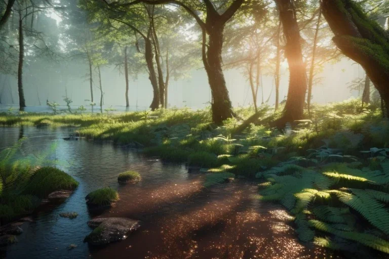 super woods with abundant water with high details of forest well lit with sunlight and with diversity of plants