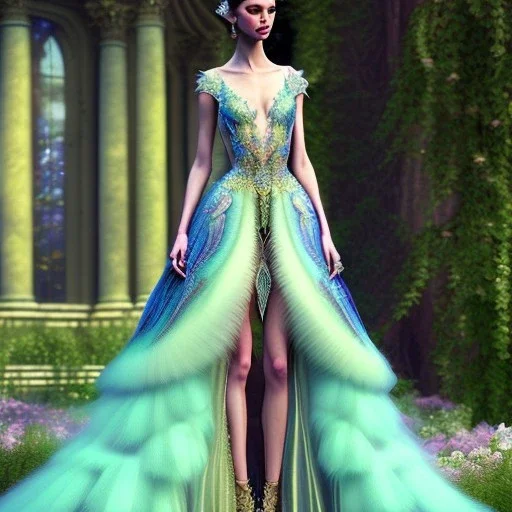 stunning couture gown designed by Marchesa inspired by fairies, realistic epic elegant fantasy colors, detailed, high quality, intricate, fantasyland background,