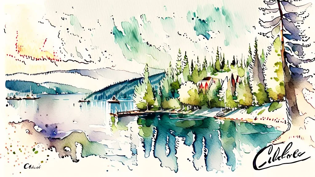 Couer D Alene lake drawn in a watercolor art style