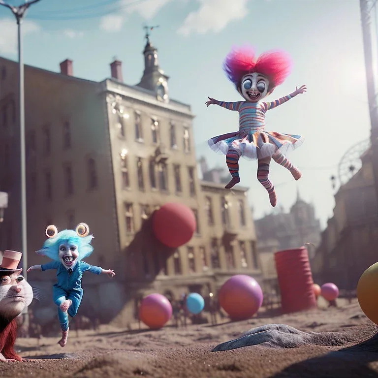 Ultra realistic circus scene. Sweet hair monster jumping and Child’s playing, smile, happy, smooth color, waist up view, Wes Anderson style, dark ambient, highly detailed, concept art, unreal engine 5, god rays, ray tracing, RTX, lumen lighting, ultra detail, volumetric lighting, 3d, finely drawn, high definition, high resolution.