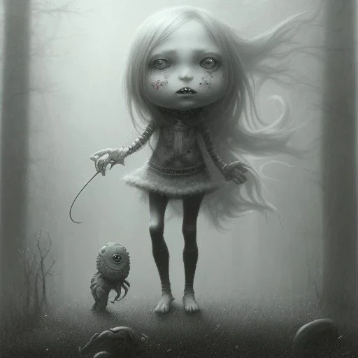 cute girl and litlle monster, Style John Kenn Mortensen,