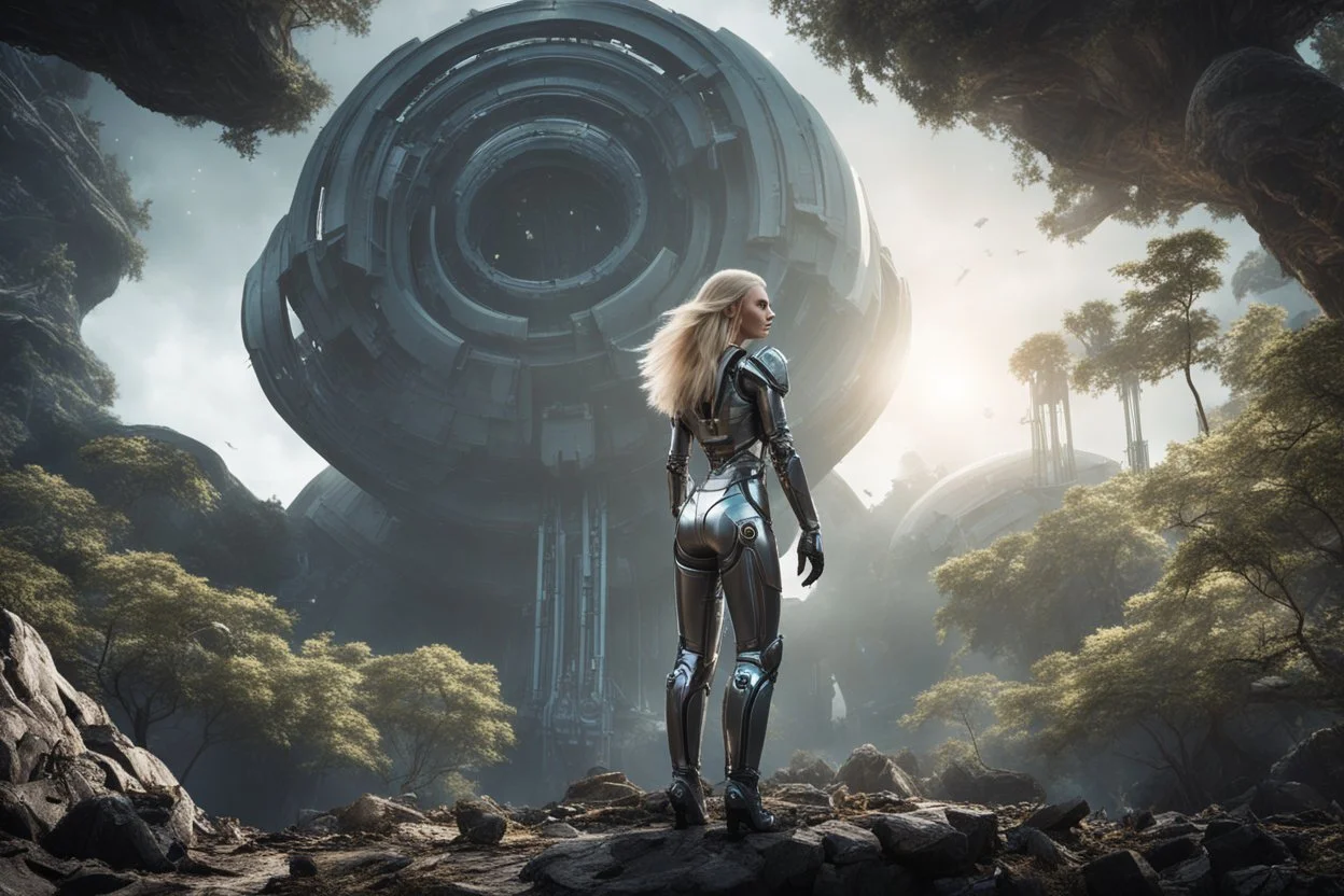 Wide angle photo of a slim sci-fi woman with blond hair, wearing a silver and black futuristic spacesuit looking android-like, standing on a derelict alien cloud tree jungle planet