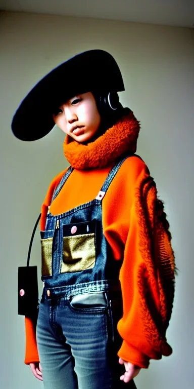 Young fleshy Japanese woman black hair. thick thigh, thick calves. Style: Haute Couture, 1990's, rough street style.Mantle is sewed of recycled Denim and sewed together of camouflage pieces.Big headphones, with gold rings, is merged with small felt cap with small visor. A bag is integrated to the mantle. Patterns are composed of orange, cream, blue, lilac and purple. blue latex somewhere. It is with big bright purple felt tippet and cream-colored-hood. mantle is merged with tippet.