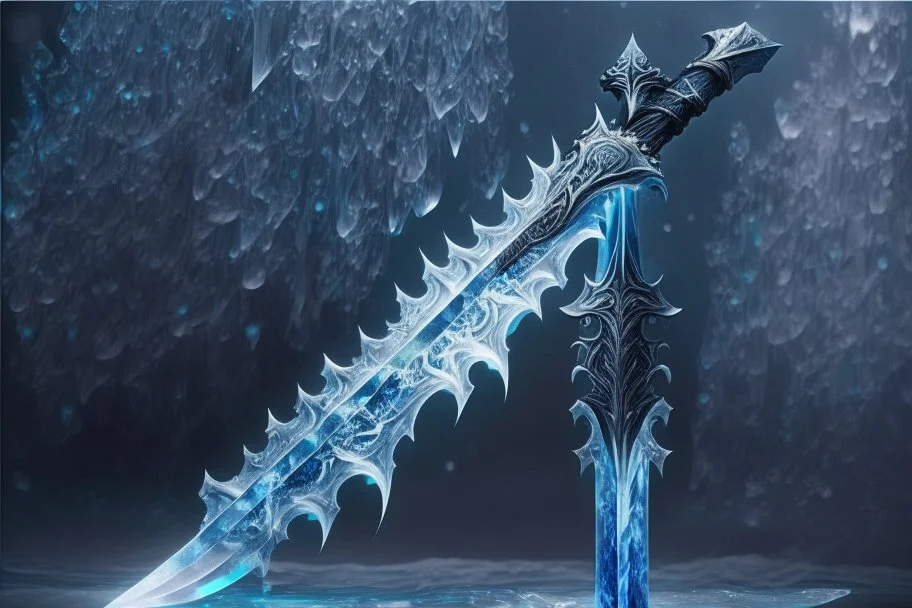 One fantasy greatsword that is slender, translucent blade made of ice. The hilt is made up of swirling vines, leading to a vibrant crystal at the pommel. With a black background behind it. HD