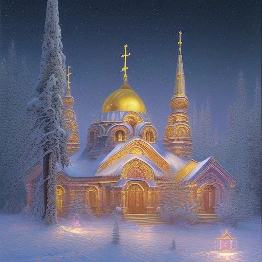 Greek Orthodox Church decorated with intricate stone carvings on a snowy night, golden crosses on tops, pink light inside, many different color northern lights,Aurora Borealis and Full Moon over Mountains, 10 second long exposure highly detailed ultra reallistic oil on canvas cinematic lighting colourful Jacek Yerka Thomas Kinkade Caspar David Friedrich long exposure good atmosphere