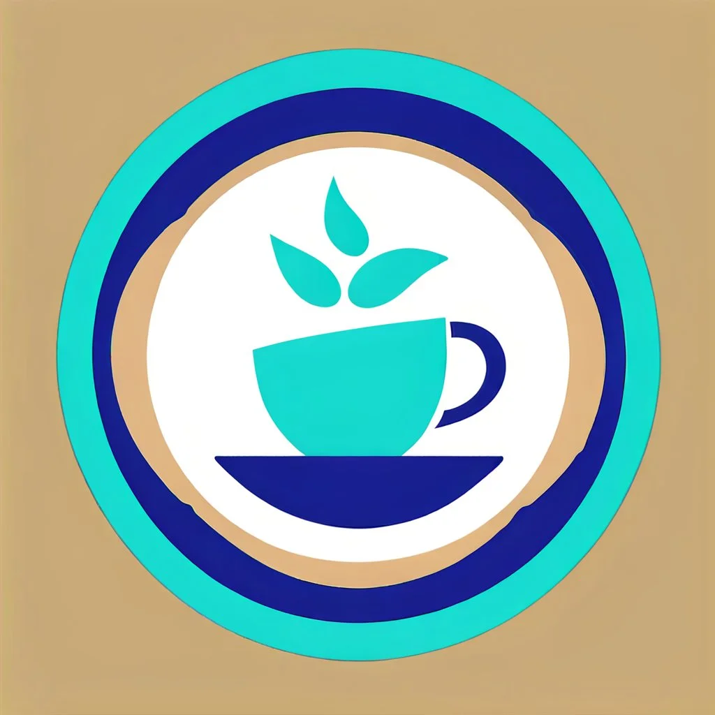 A circular logo with the name (ZAHA) designed for a cafe with the sun symbol and turquoise and indigo color and a coffee bean and a coffee cup at the bottom of the logo.