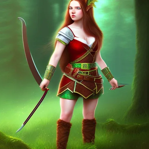 Halfling, woman, full body, red braid hair, adventurer, green eyes, magic