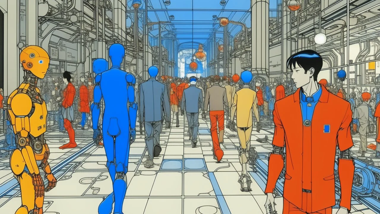 An illustration by Kuniyoshi and and Picasso of a tech people walking inside a futuristic matrix world.