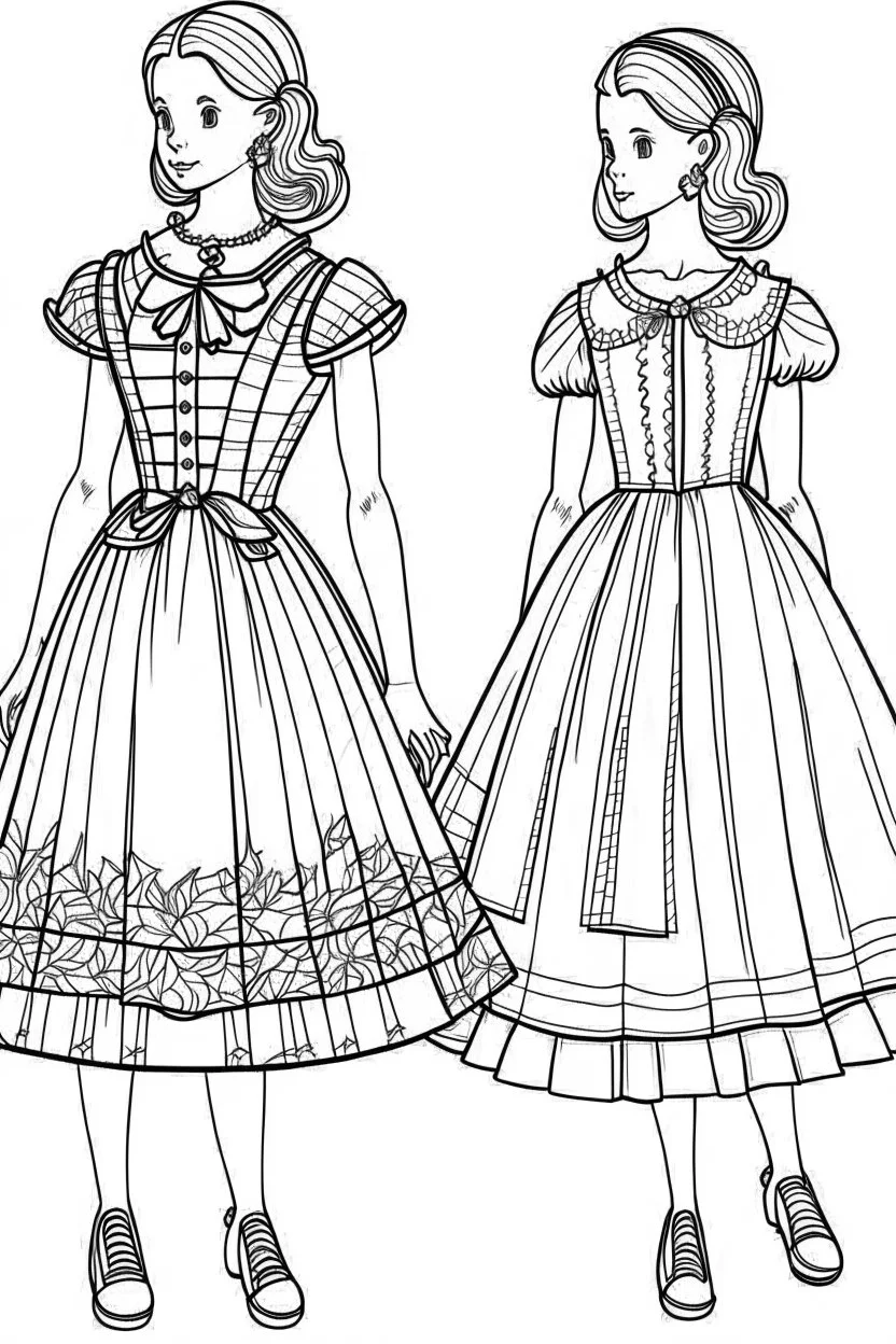 Outline art for coloring page OF 1945 MARY JANE DRESSES FOR GIRLS, coloring page, white background, Sketch style, only use outline, clean line art, white background, no shadows, no shading, no color, clear