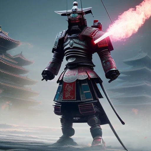 masterpiece Robot samurai portrait, dark cosmic atmospheric, ultra realistic, cinematic lighting, octane render, art style by Hiroyuki-Mitsume Takahashi