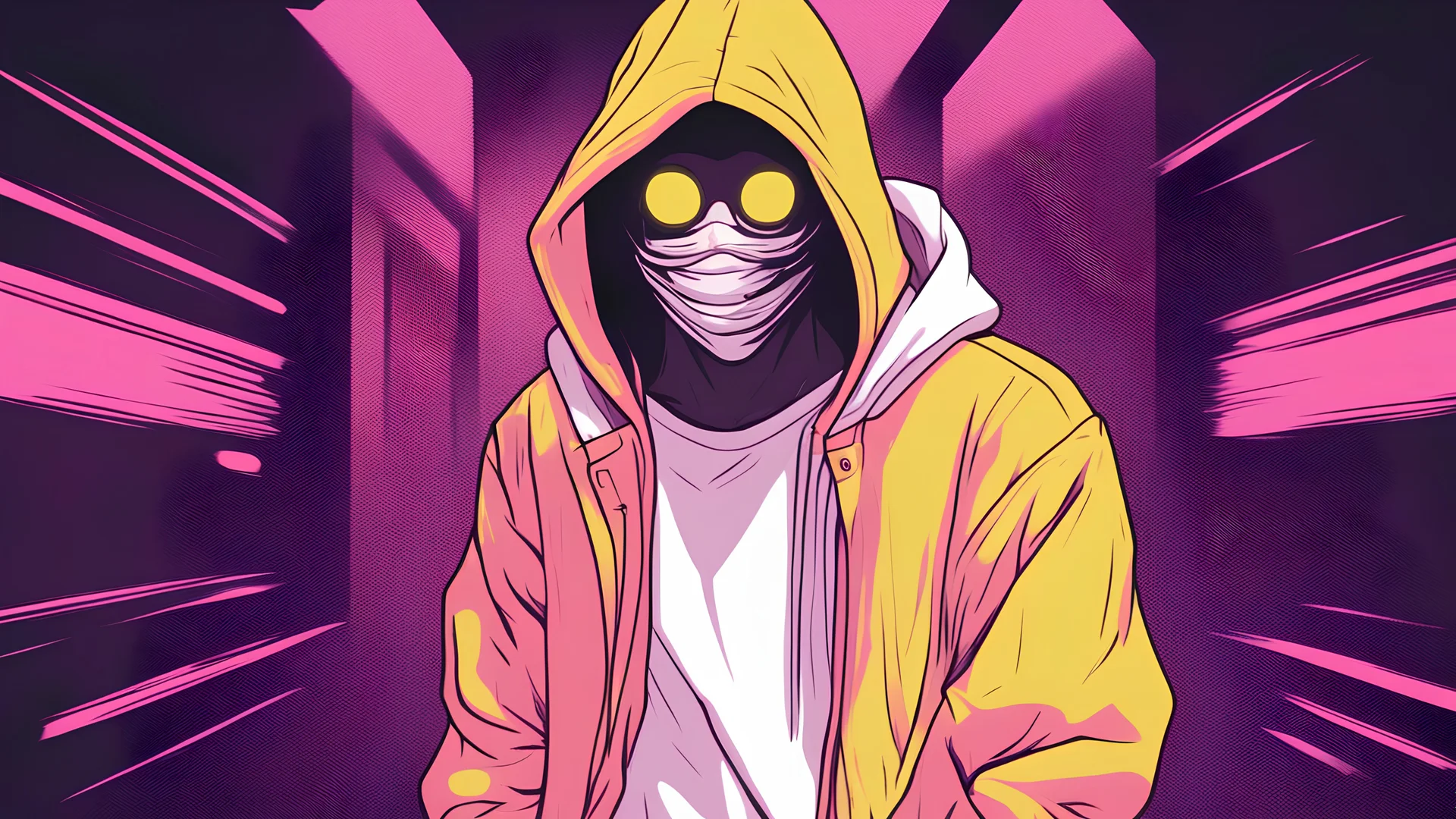 Yellow pink bright colors and black. French animation arcane style. A guy in a white glowing hoody with no face covered by the hood looking straight at the camera