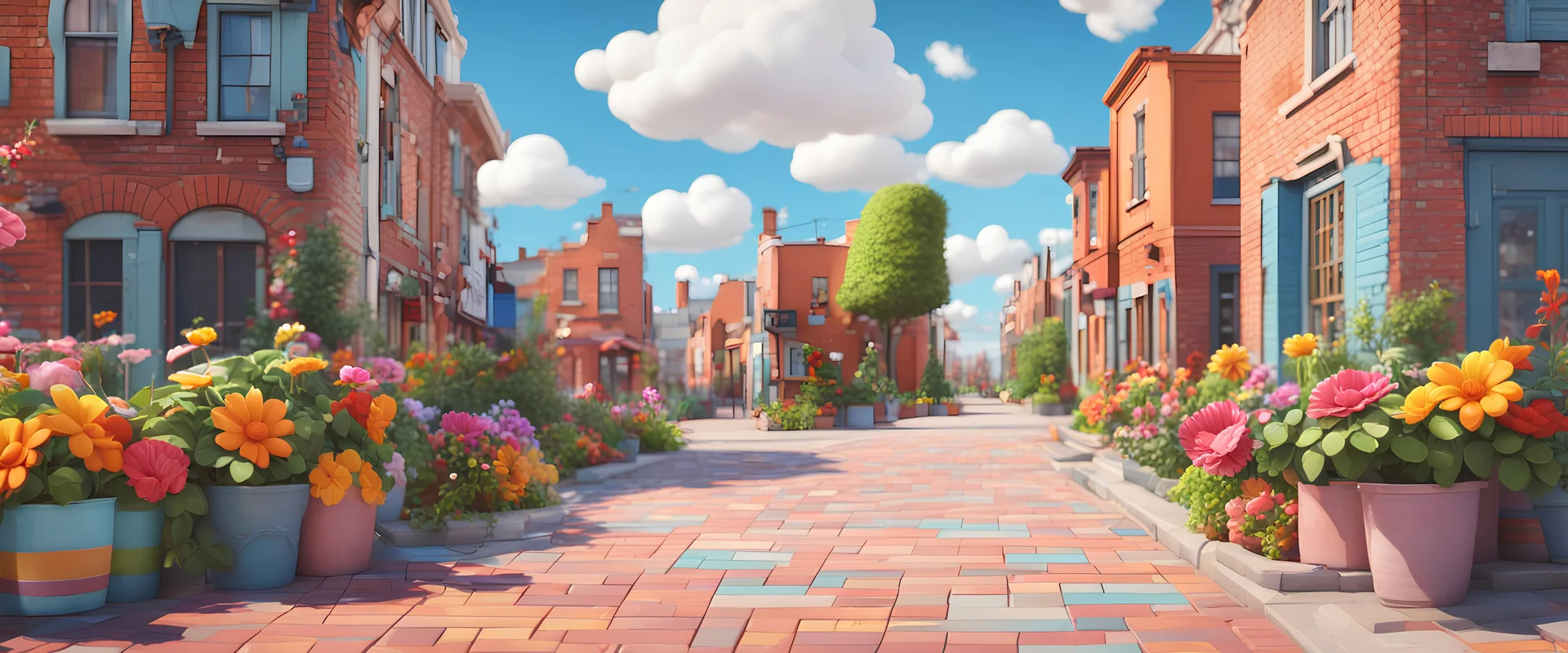 Background: sidewalk in a fun colorful city on a bright sunny day landscape, clouds, plants, paved sidewalk, 3d cartoon asset, clean Details: large colorful flowers potted, bricks, bicycles, quirky cartoon graphic buildings. Camera: frontal angle, 45°, 35 mm. Lighting: high noon sun, LED lights. 3d asset, cartoon style