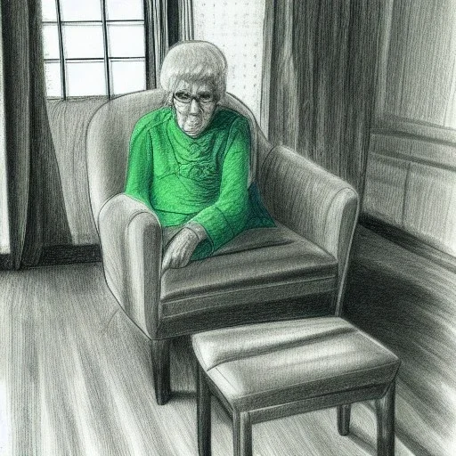 Old woman in a living room with armchair and fancy stools. green color pencil draft