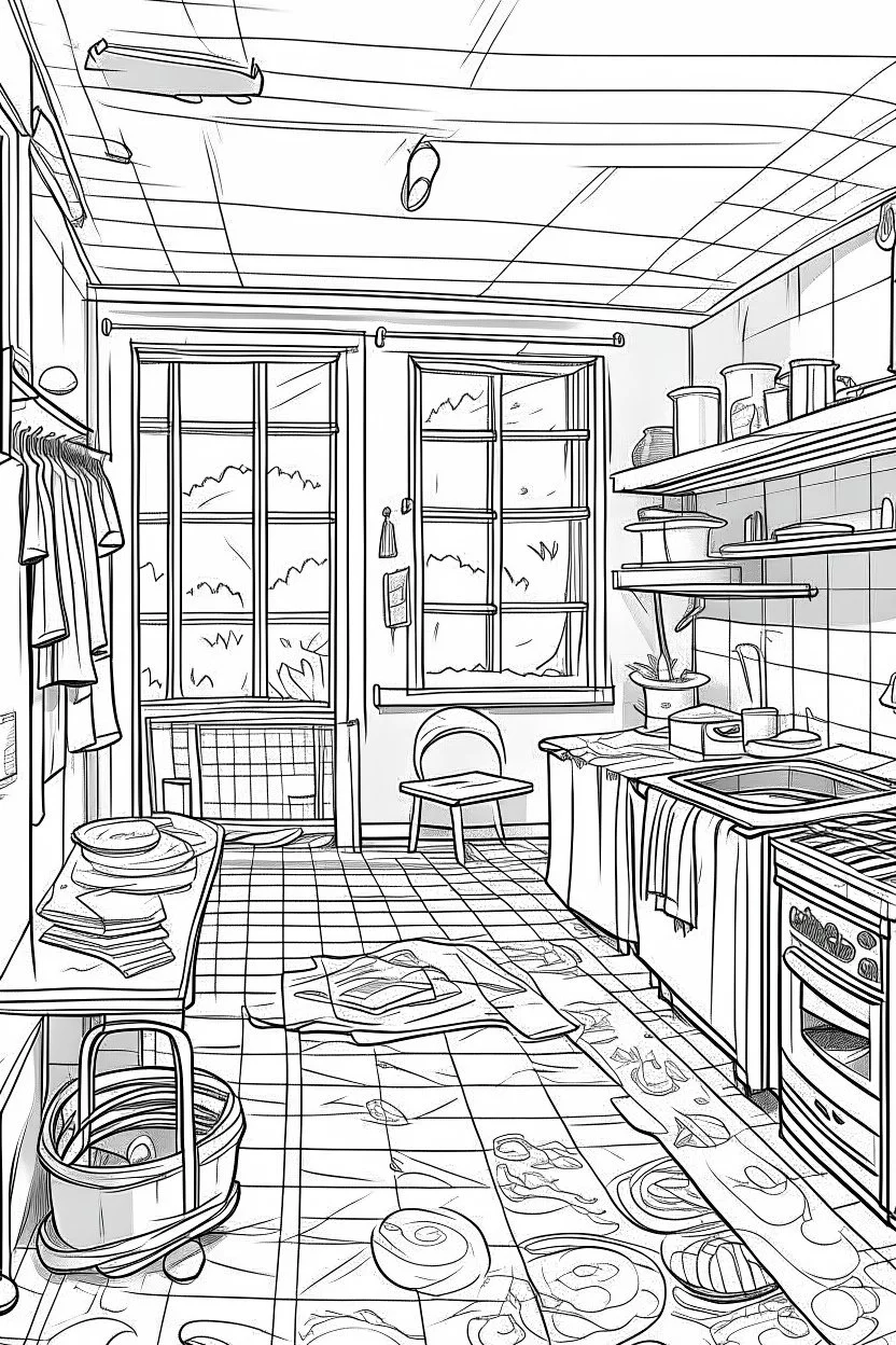 Outline art, house design, laundry room, no shading, no lines, cartoon style, --ar 9:11