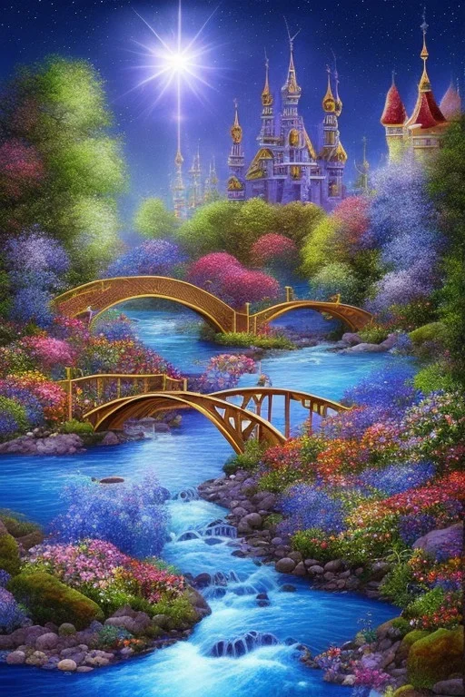 Pont avec des fleurs , riviers animé, soleil, ciel étoilé cgi,cinema 4d