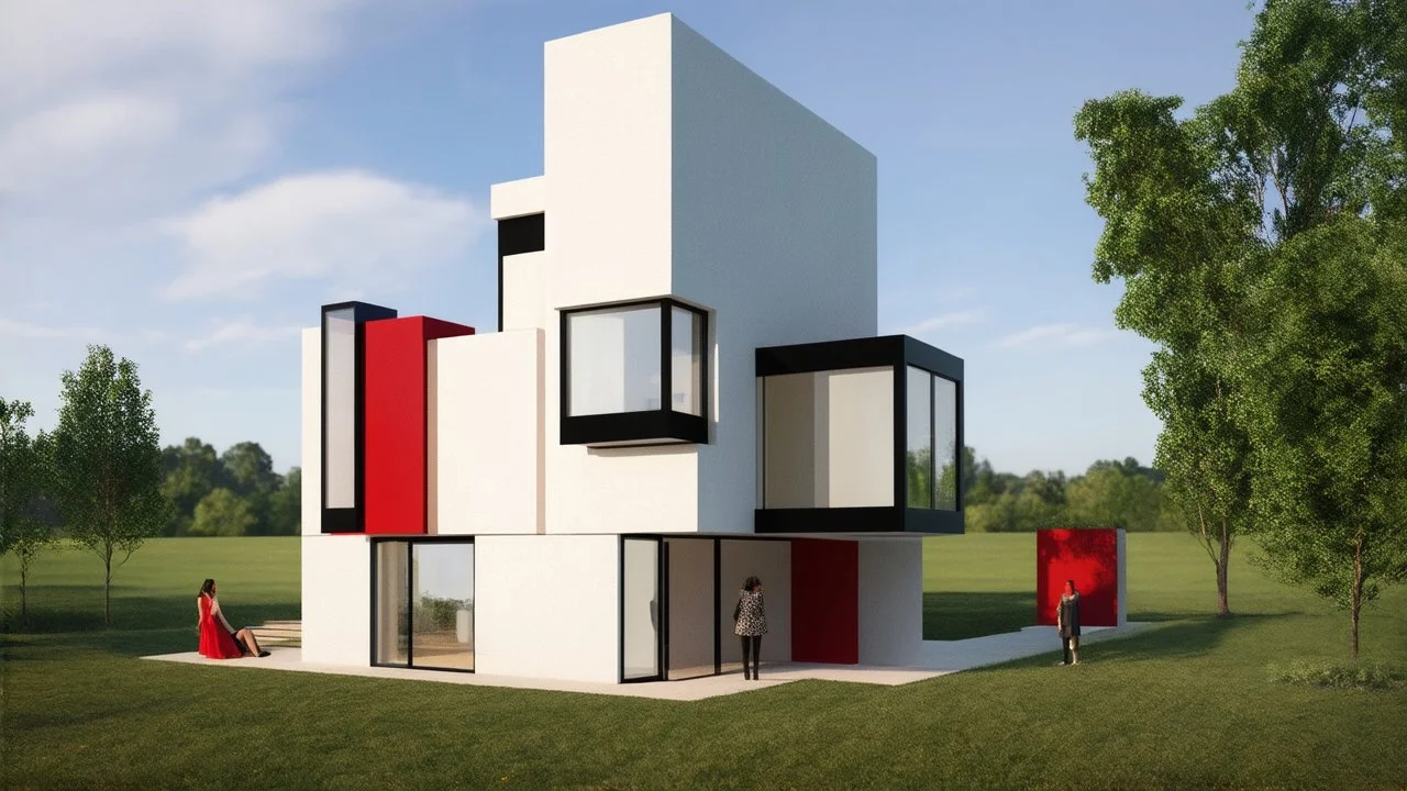 Image showcases a modern, minimalist architectural style house with a cubic layout. The building features a white facade with bold red and black accents, including large, protruding window boxes. The structure is set in a lush green landscape with a clear blue sky in the background. There are two people visible; one is standing near the entrance, wearing a red dress, and the other is sitting on the grass. The house has a flat roof and large glass windows, providing a sleek and contemporary appea