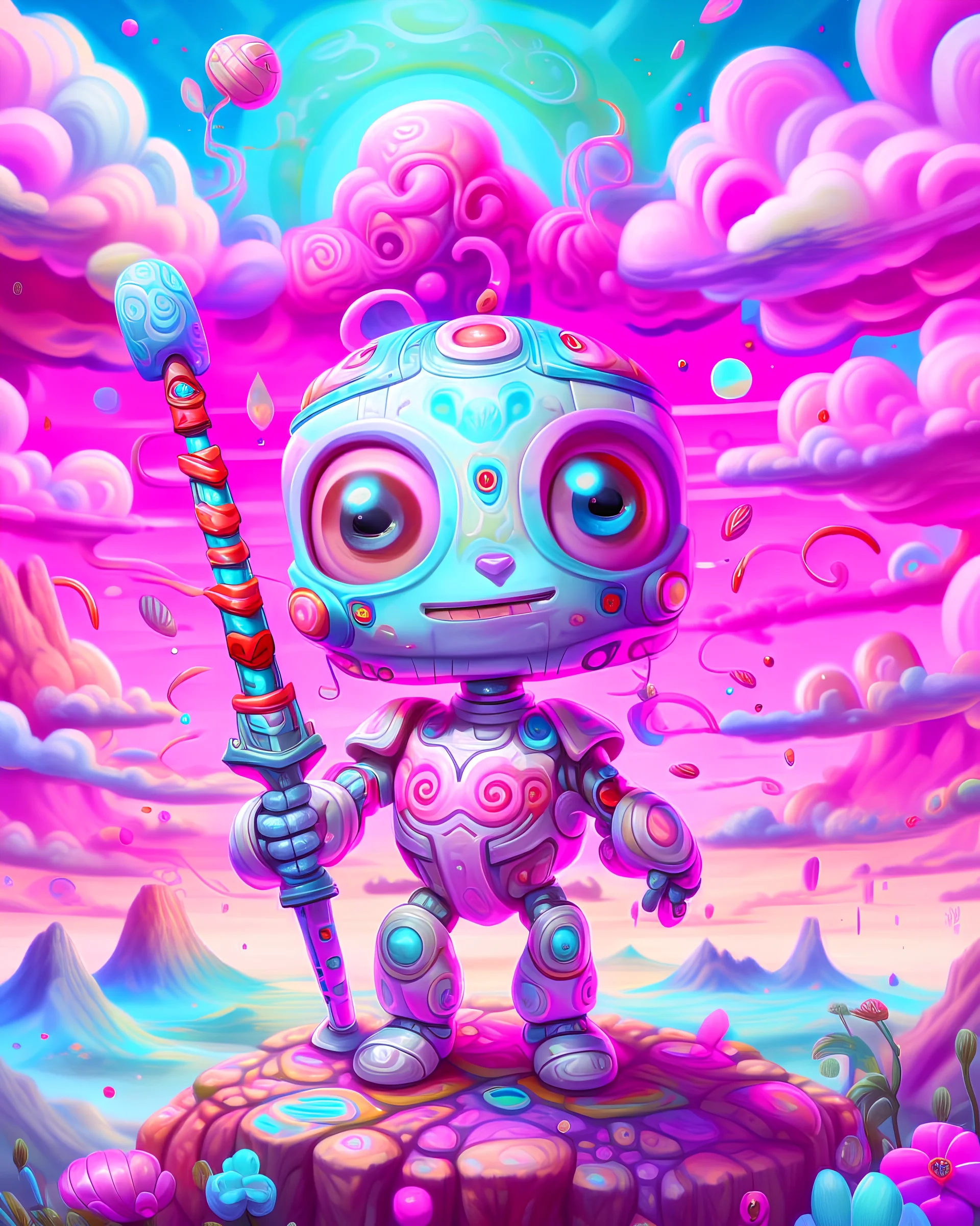 highly detailed portrait ofa small, adorable robot with round, expressive eyes and a friendly smile. It has a cheerful, bright color scheme, with a mix of pastel blues, pinks, and purples, standing with its arms crossed holding a toy sword, surrounded by a swirling vortex of energy. The background is a colorful, cartoon-like landscape, with fluffy clouds and a rainbow. The background is a stark, metallic landscape, with a futuristic cityscape visible in the distance. by atey ghailan, by eduard h