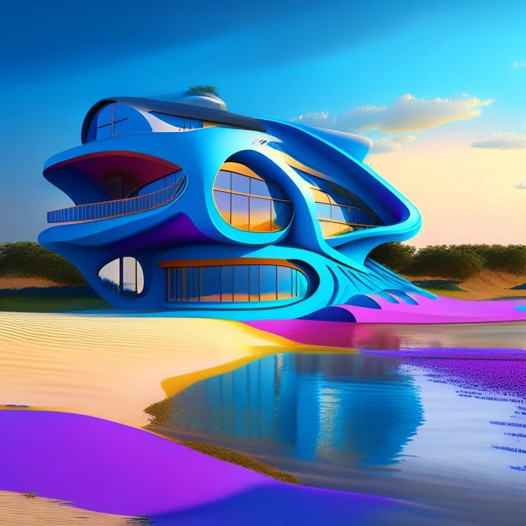 Country house on the beach and over water Zaha Hadid style hyper-realistic detailed complementary colors summer 8k people