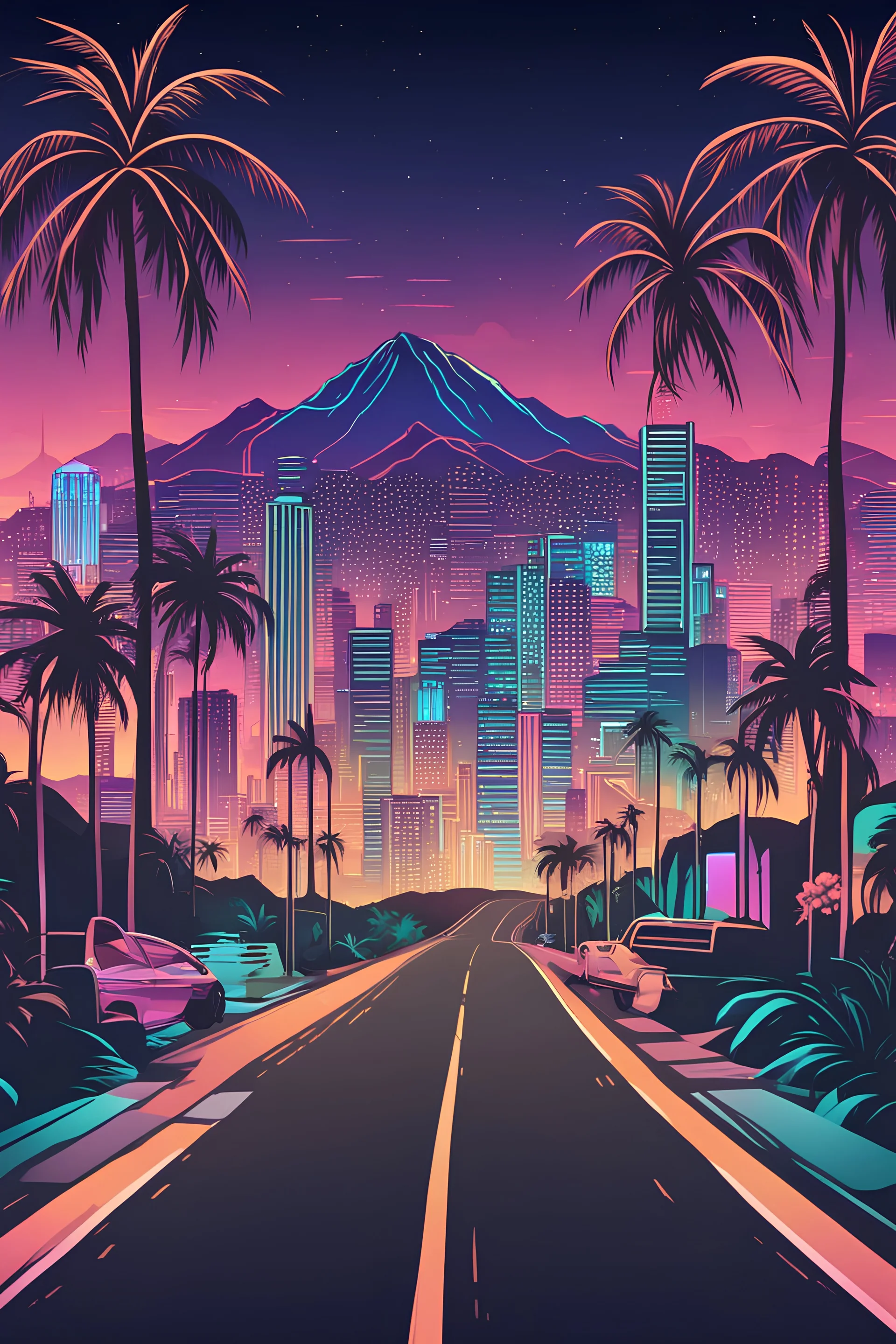 miami vice city outline with road leading to city, mountains behind the city with night life, palm trees on the road