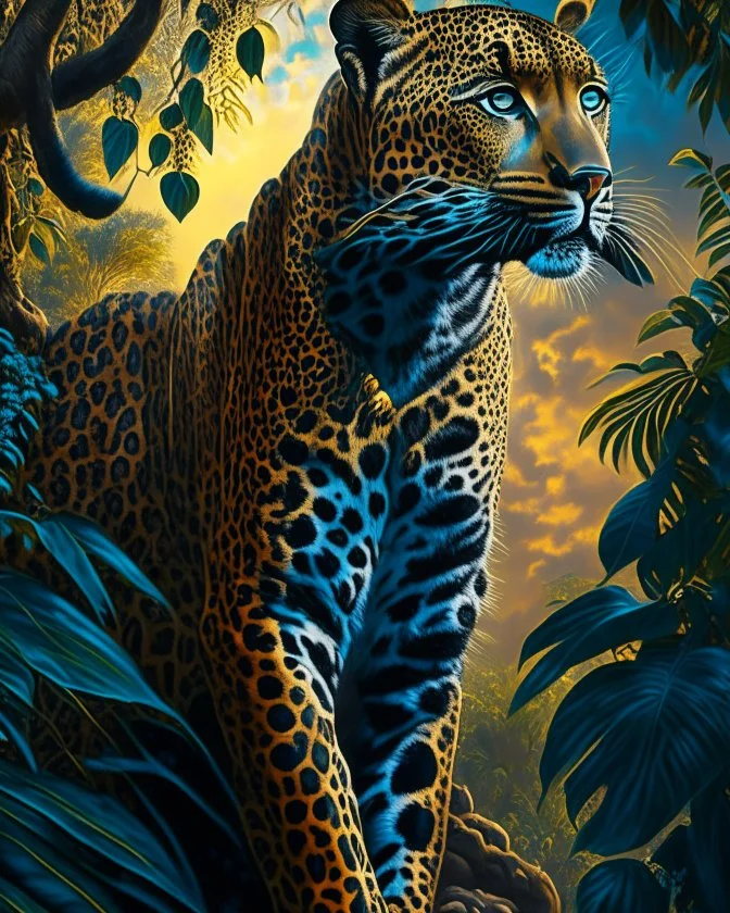 Leopardo en la Selva cuerpo completo árboles detallados elegante obra de arte colores contrastantes pintura al óleo detallada hiperdetallada impactante intrincada sombra profunda iluminación cinematografica 8k cielo soleado nubes coherente cuerpo completo