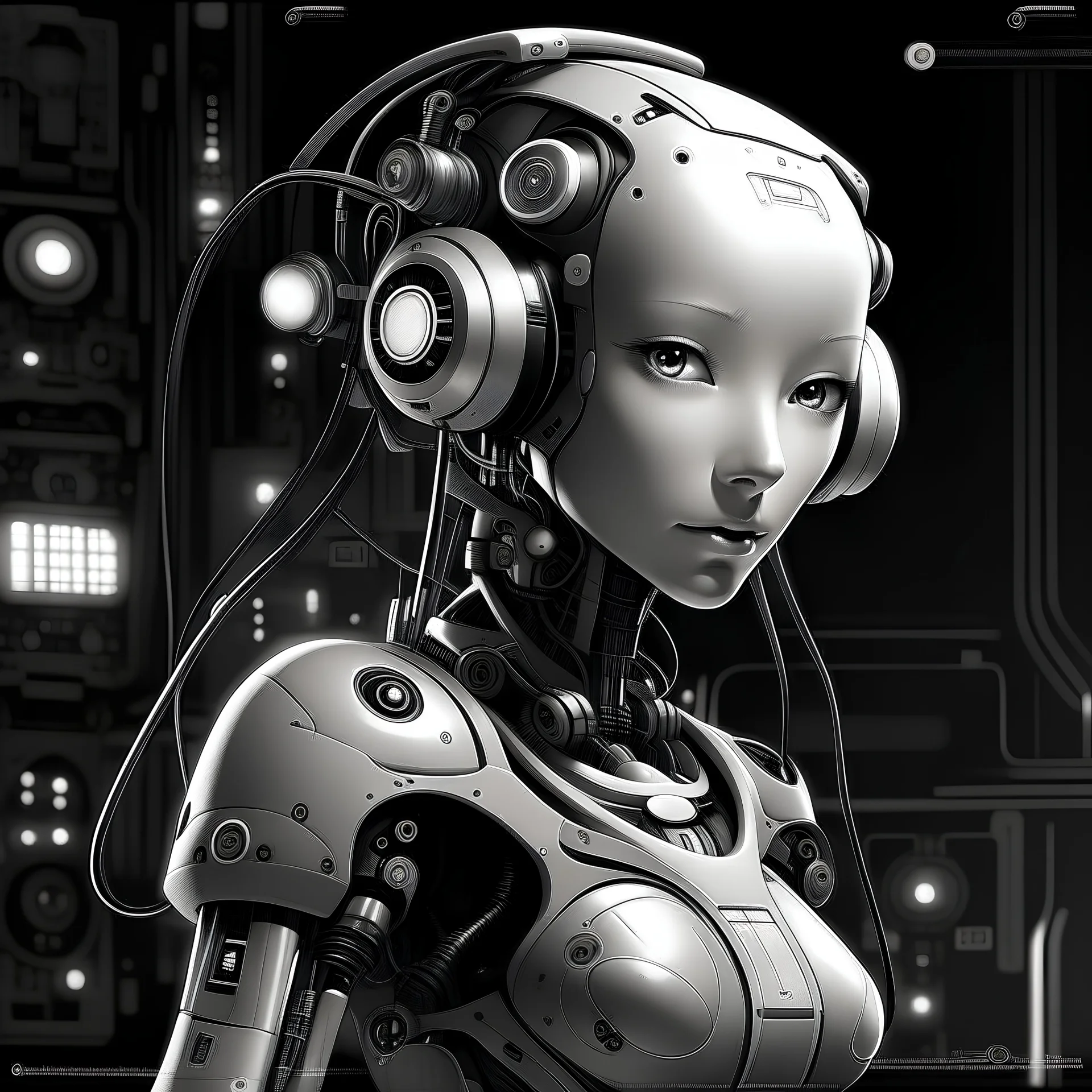 robot girl in a digital world, b&w monochrome, hi-res