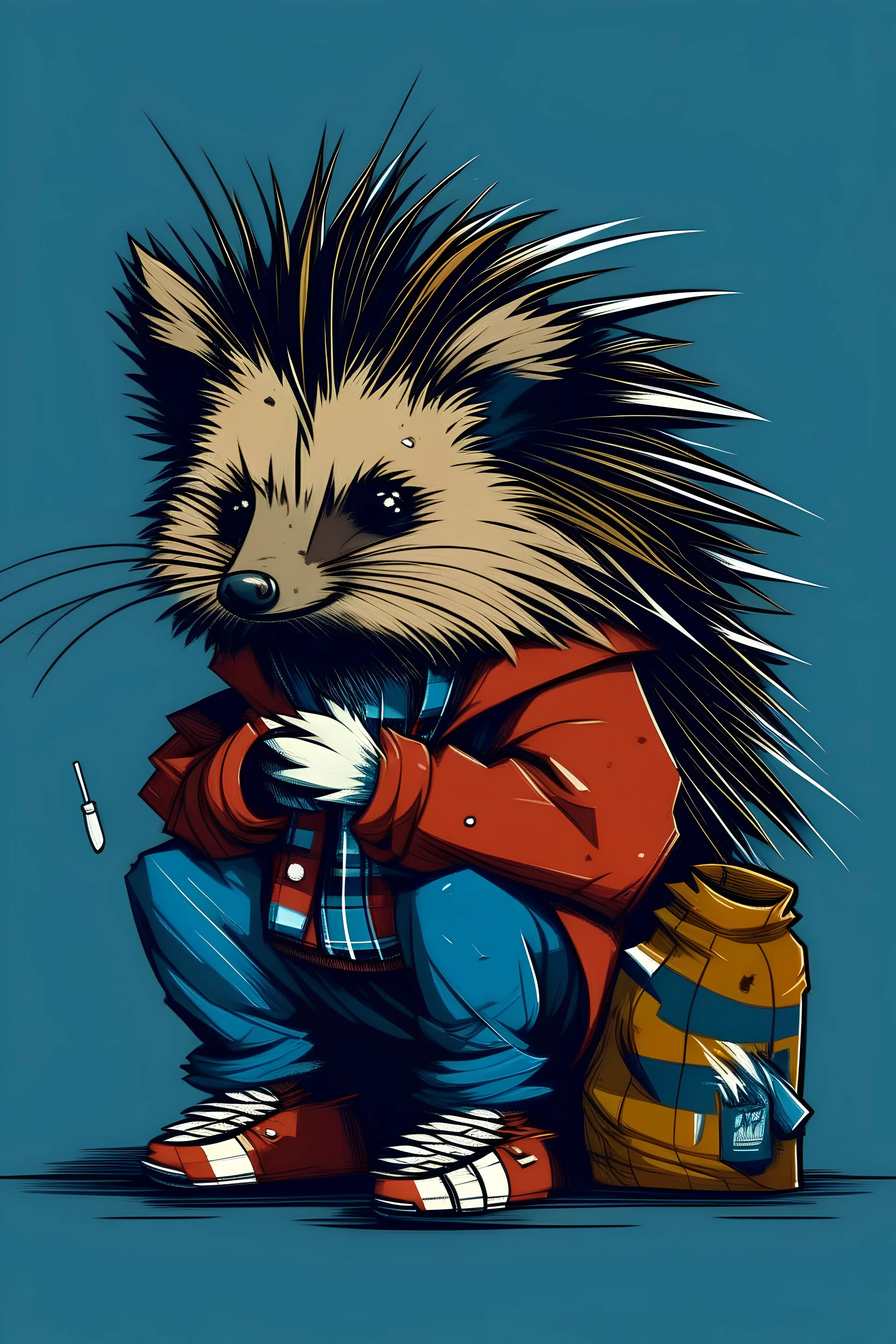 a game studio logo of a "Jobless Porcupine" wearing clothes as if he was homeless 2 colors