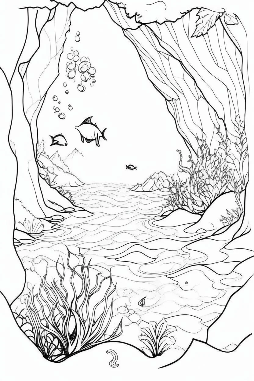 outline art for Color the sea creatures and plants, leaving the water and cave entrance white coloring pages with sitch, white background, Sketch style, full body, only use outline, clean line art, white background, no shadows and clear and well outlined.