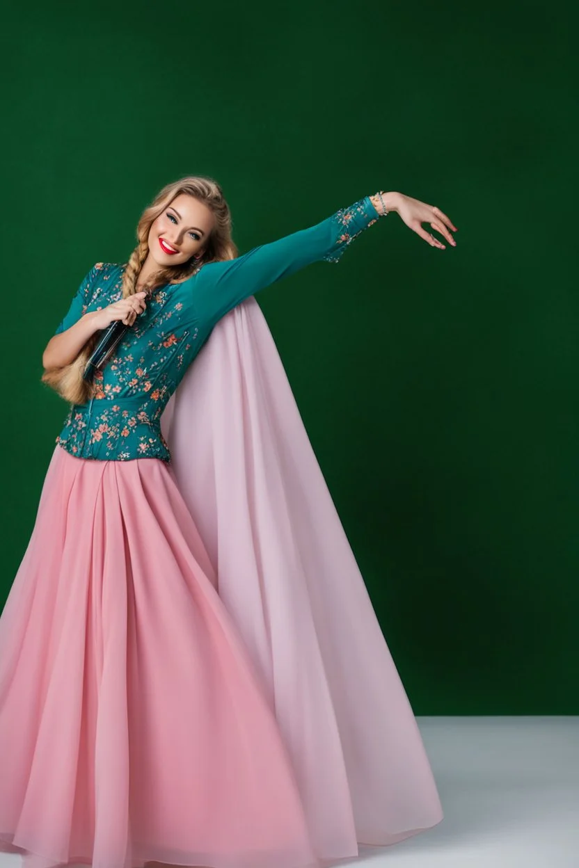 full body of very beautiful lady midi blue skirt and orange bluse , Braided hair ,standing idle happy pose in studio pretty makeup