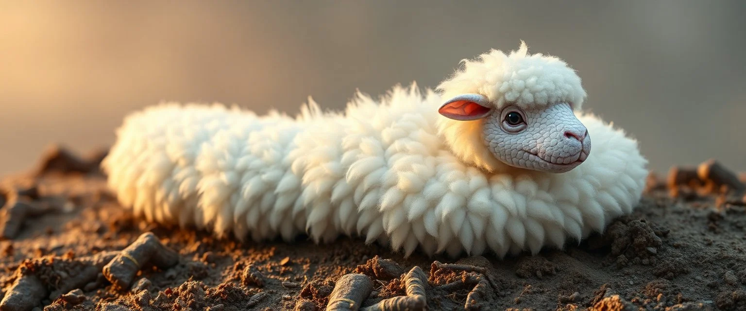 long fluffy slinky cloud snake with a sheeps head