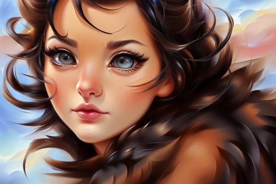 an irresistibly adorable image of a whimsical brunette woman creature with black hair and hazel eyes. Envision a charming being with fluffy, onyx-colored fur or hair that frames its endearing face. in the blowing wind Leonid Afremov