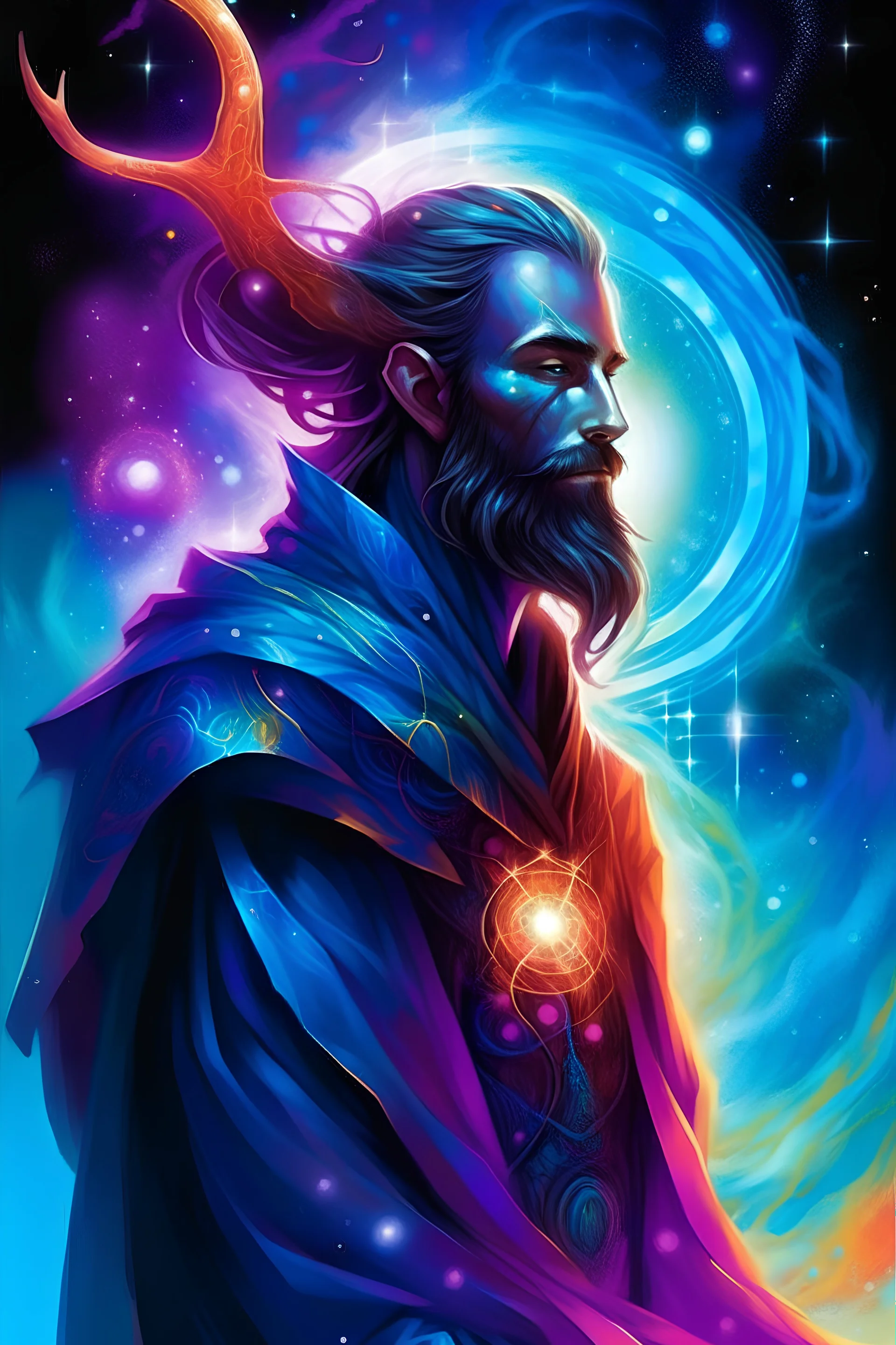 prismatic hair ethereal transparent prism astral projection Male antlers druid beard sparkling radiance prismatic shining starlight enshrouded dusk pink purple red orange dusk sunset aurora psychedelic