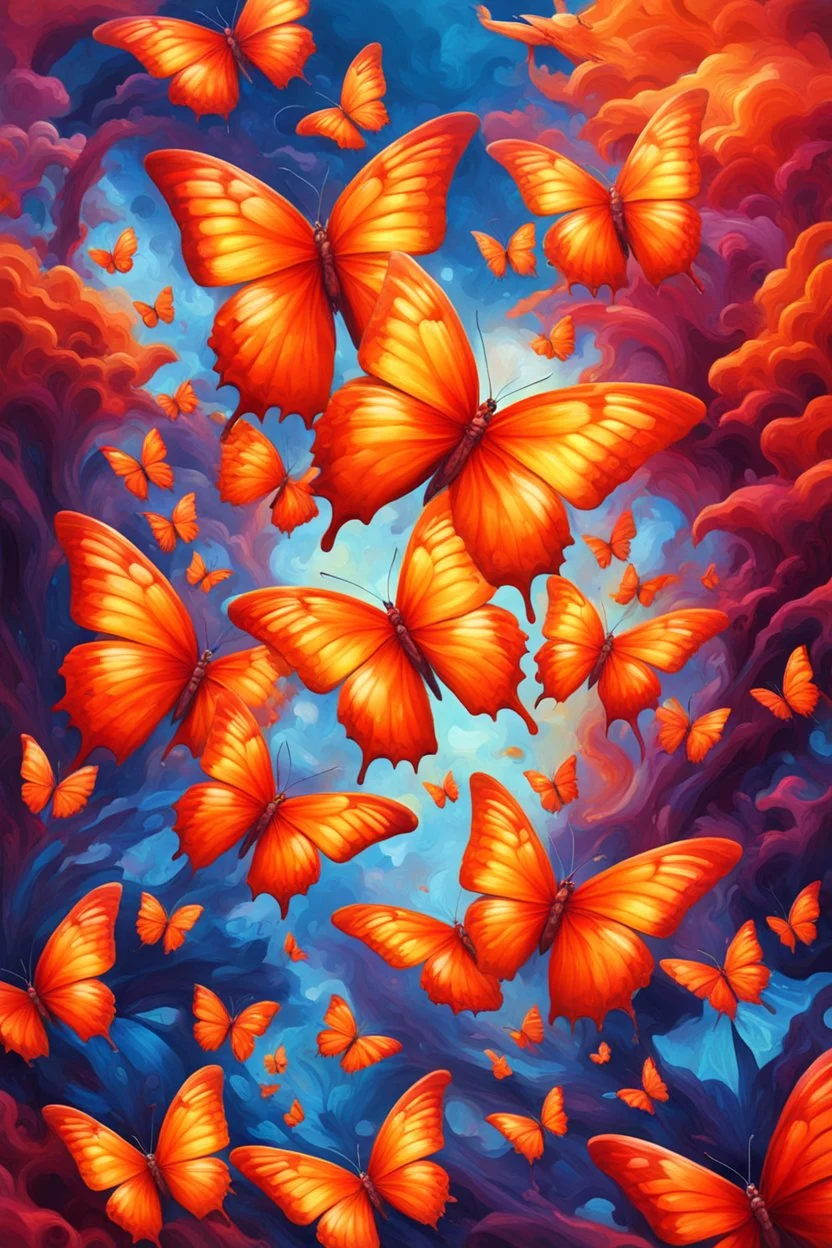 vibrant psychedelic oil painting image, airbrush, 64k, cartoon art image of background ORANGE and RED BUTTERFLIES , futurism style
