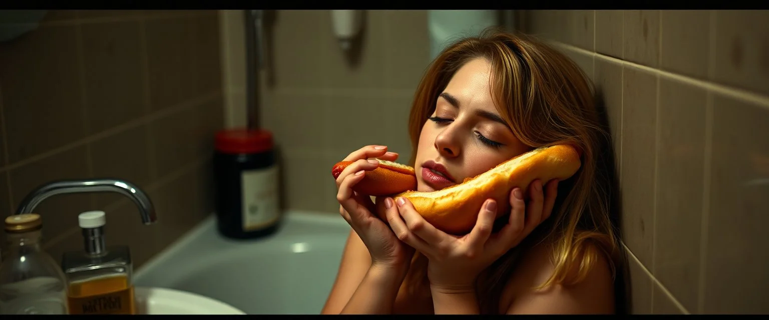 drunk woman with a hot dog in bread sleeping over in bathroom