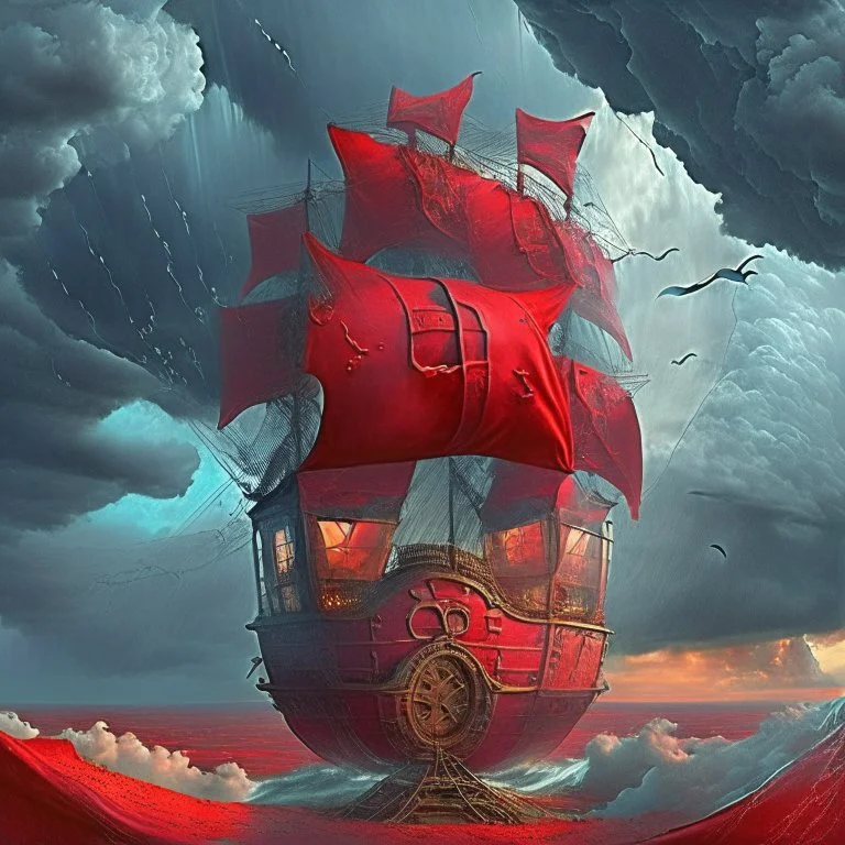 Add more windows to the ship. Keep the ship. change the sky to a decadent red, storm clouds.