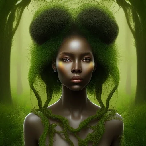 Painting .the face of A young black woman. A wood nymph emerging from the forest. Her hair looks like vines. Dreadlocs. Her skin is the colour of dark soil. Her skin looks like tree bark. Her clothing is made of vines, grass and leaves.