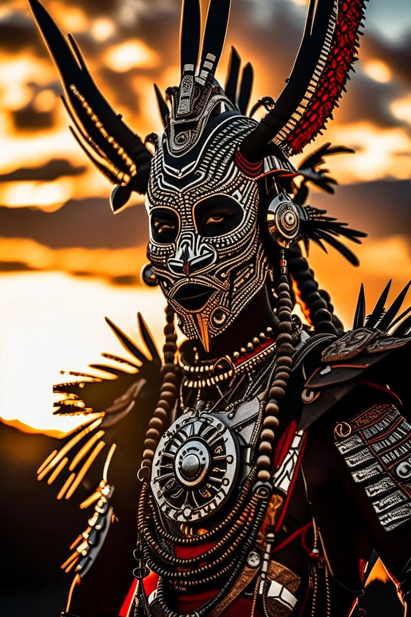 Striking portrait of Nantli warrior as anthropomorphic puma, adorned with intricately designed traditional armor and headdress. His face, painted with black and white patterns, radiates a fierce and determined expression. A red sun adorns his headdress, symbolizing strength and power. The background, a vast, golden desert landscape, with a sun setting behind some rocky outcrops. 8k