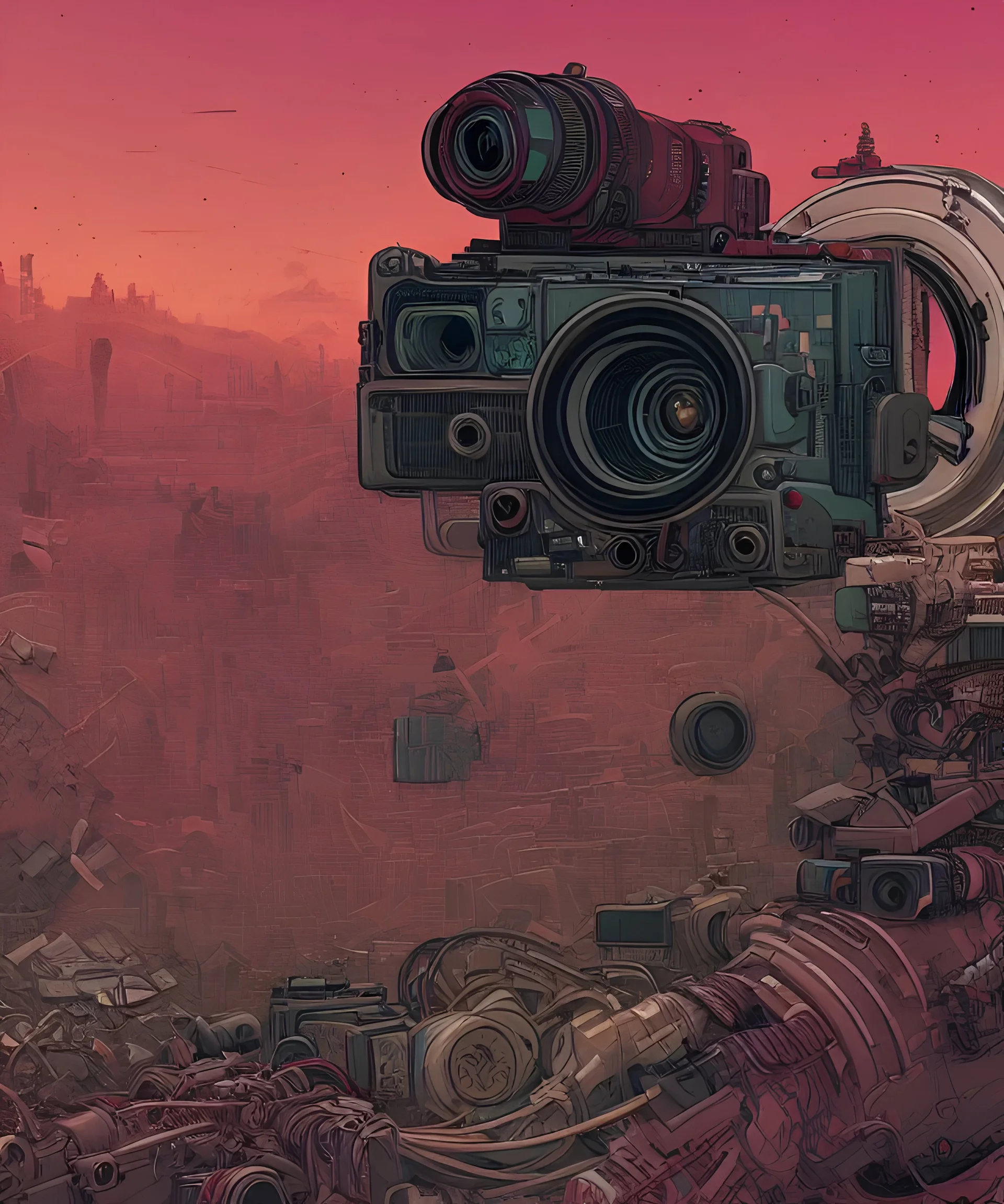 Camera., concept art, hyper detailed, asaf hanuka, dan mumford, kilian eng, post-apocalyptic, oil on canvas