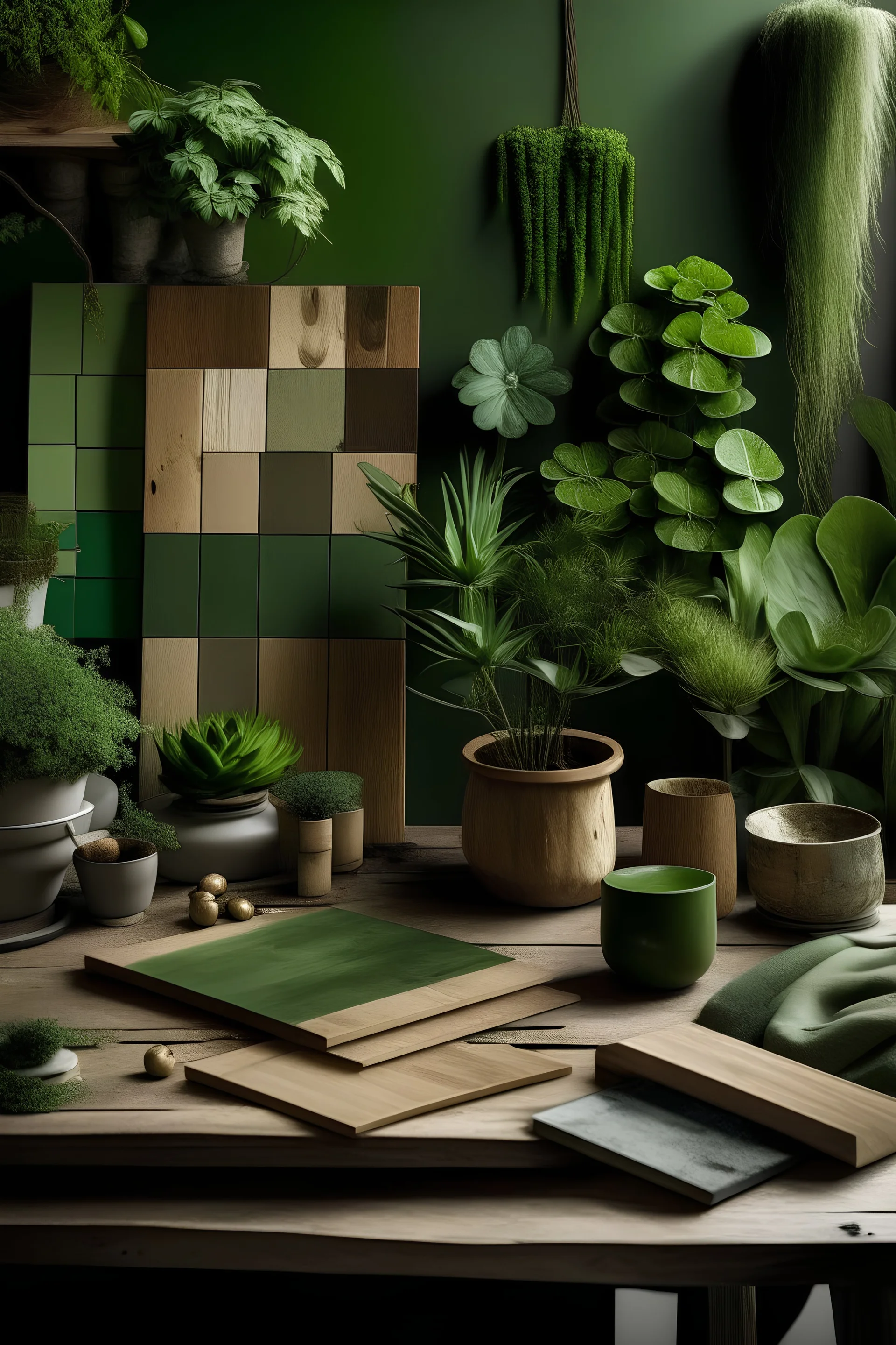 moodboard mit pflanzen, holz, alu und grüne farbe