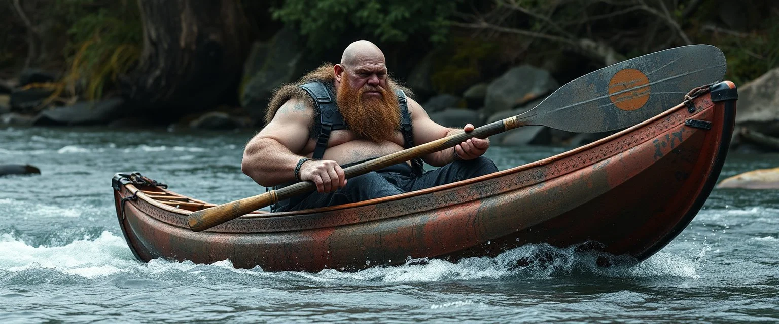 ancient bald fat ogre troll machete sitting relaxed in huge massive kayak in rapid stream, smacking fish with big metal oar