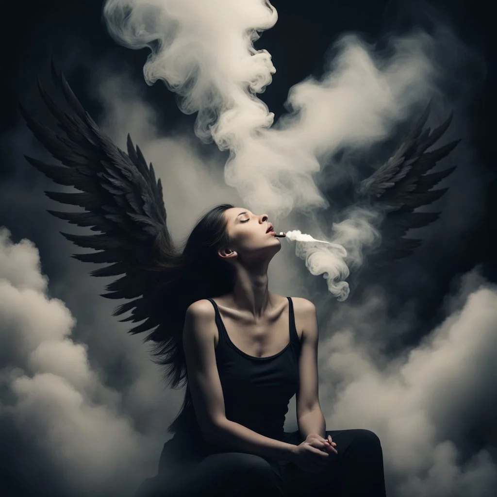 woman sitting forward Her face upward and blows cigarette smoke from their mouth upward. a figure with wings emerging from its back. behind the clouds of smoke look death. dark and mysterious