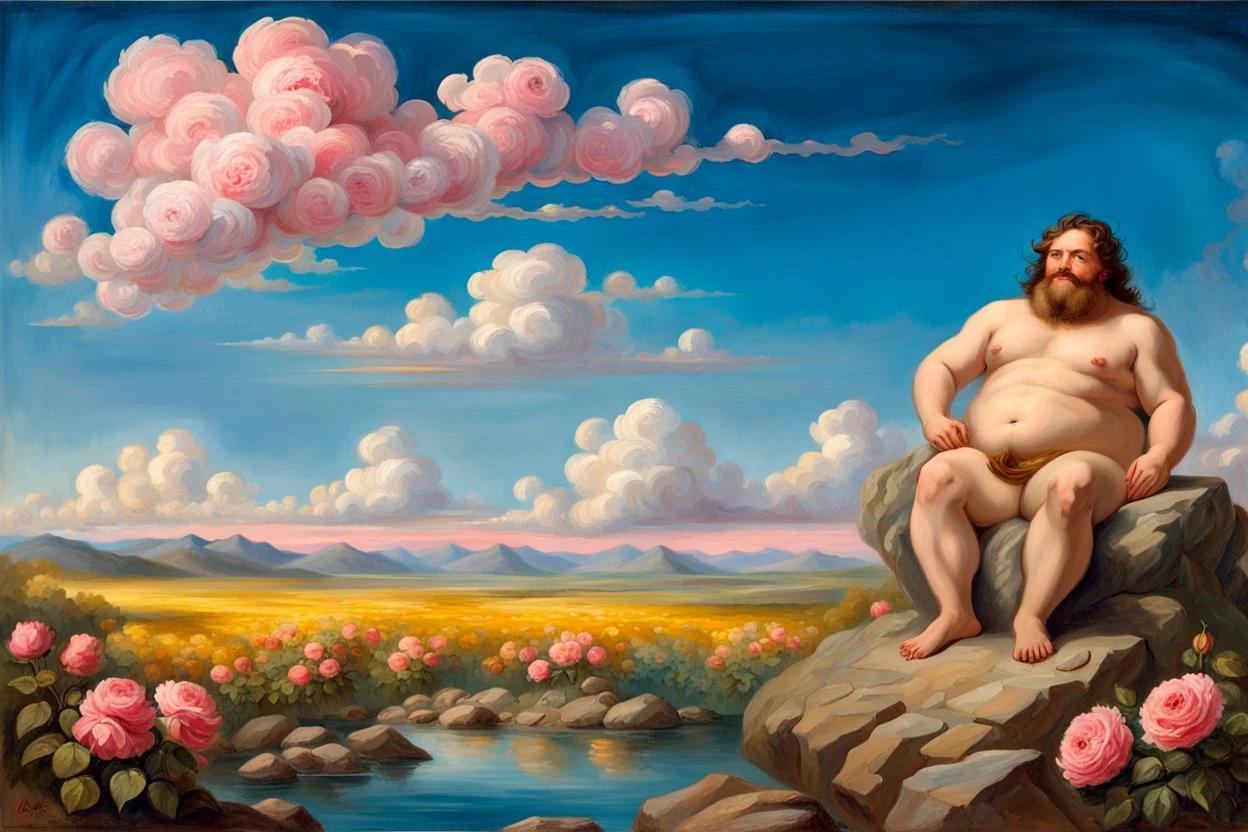 a handsome, fat man with a well-groomed, bearded face and long, curly hair. He is sitting naked on a rock, surrounded by a picturesque valley adorned with pink and yellow rose flowers. The spring sky above is adorned with breathtakingly beautiful clouds. like oil painting 19th century