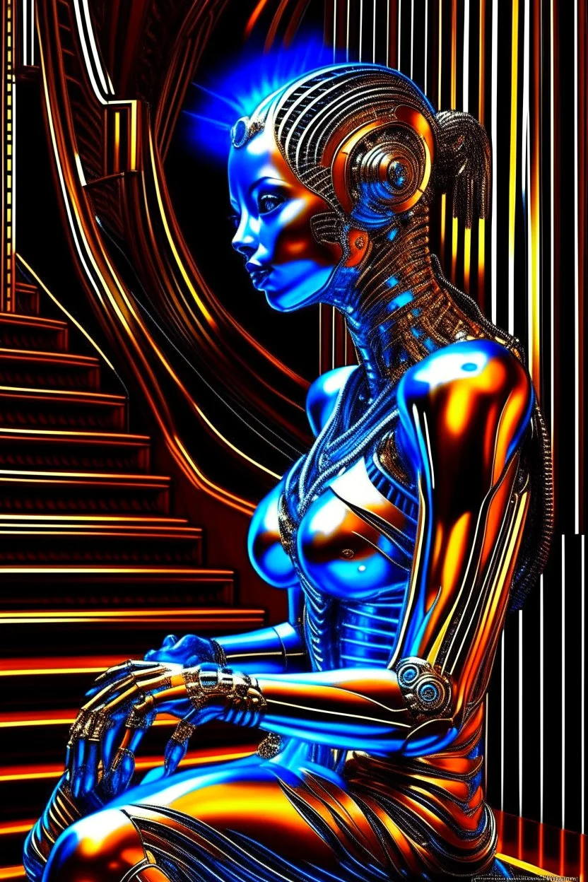 chrome chat robot cat woman smiling online in the style of escher and giger, spray paint, photo realism, trending on art station, 8k, depth of field, down light, light rays, volumetric, reflective spiral staircase, blue, brown and orange