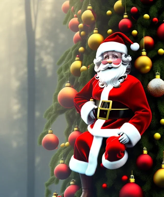 Small Santa Claus hanging from a branch of a giant christmas tree, midjourney style, 8k, photorealistic, cinematic lighting, dramatic, atmosphereric,