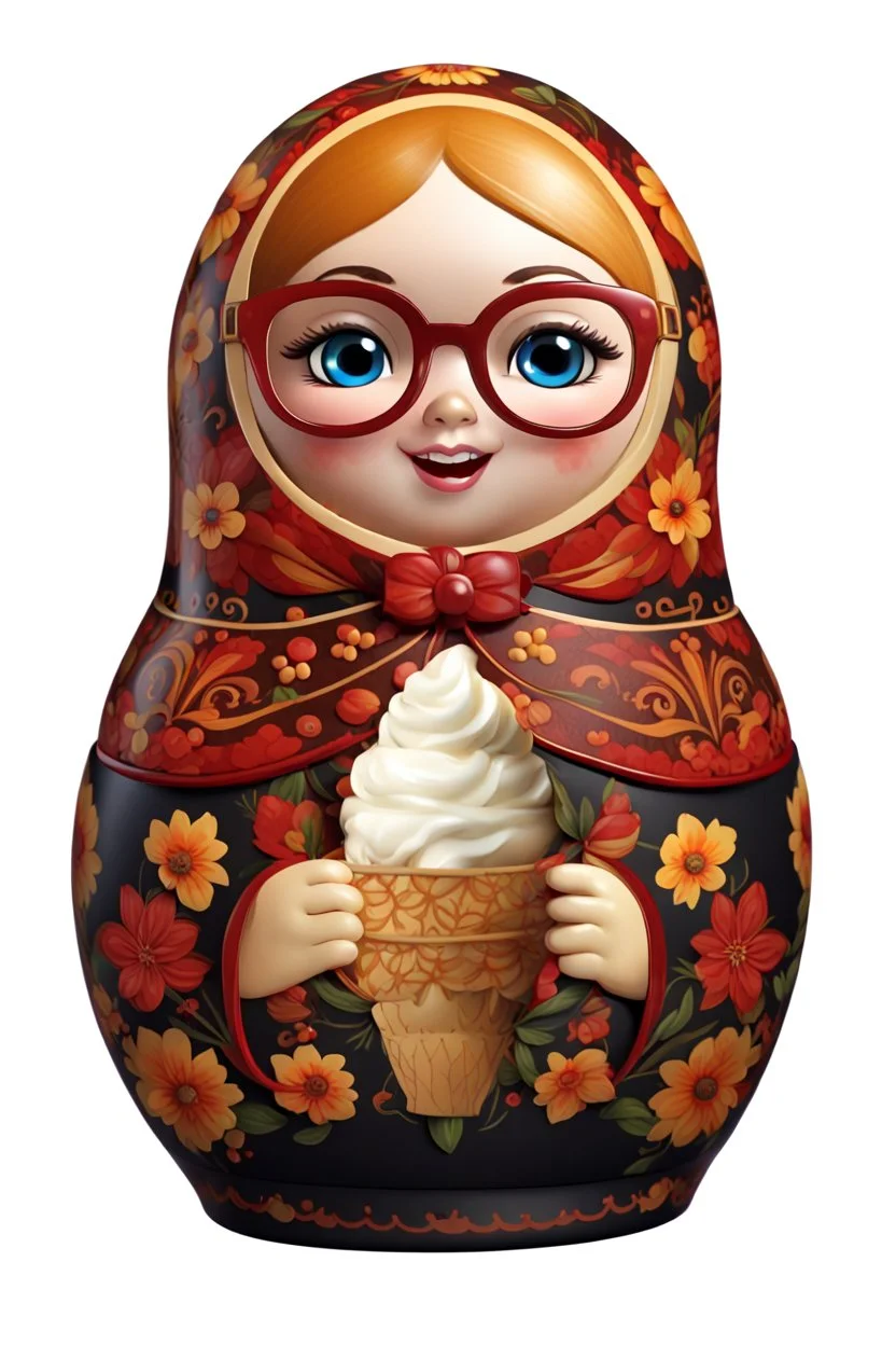 draw a Russian matryoshka doll in the style of Khokhloma, the matryoshka is smiling, the matryoshka has a icecream in her hands, a frontal angle, a picture on a white background, the matryoshka is drawn entirely, a highly detailed 3d picture