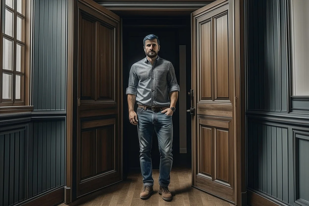 man in jeans and a shirt standing in a room of doors