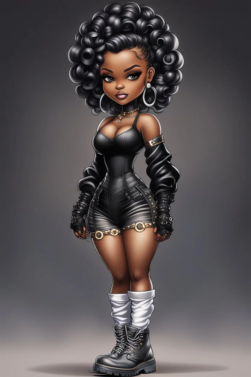 create an airbrush illustration of a chibi cartoon voluptuous black female wearing a black and silver outfit with timberland boots. Prominent make up with hazel eyes. Extremely highly detailed of a long wavy ombre bantu knots. Background of a bike show