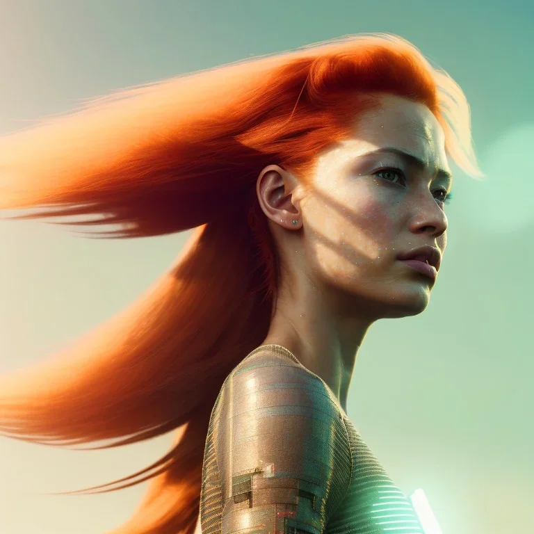 A beautiful portrait of a cyberpunk woman with lot's of grain on her skin red head with hair flying in the wind cyborg smiling facing camera orange color scheme, high key lighting, volumetric light high details with white stripes and feathers unreal 5, octane render, cinema4d, dynamic lighting, dramatic lighting, 4k, redshift render, highly detailed, hyper realistic