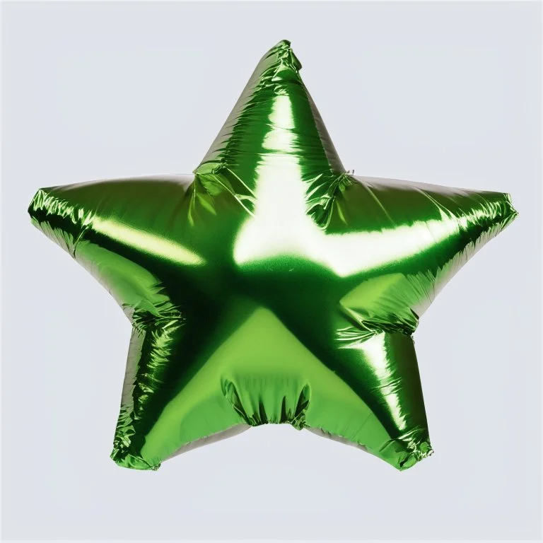 High resolution photograph of a inflated green star foil balloon